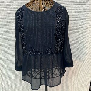 Anthropologie Maeve Helene pin tuck beaded blouse. Size 10. Navy Blue See-thru.